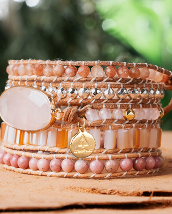Handmade five leather wrap bracelet with natural pink rose quartz crystal and rhodonite beads