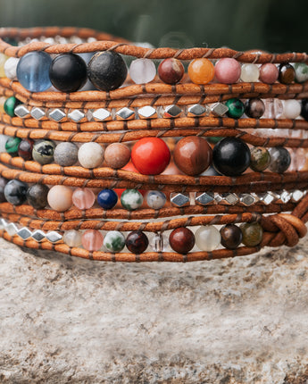 Five leather wrap bracelet with multiple natural stones by Treehut 
